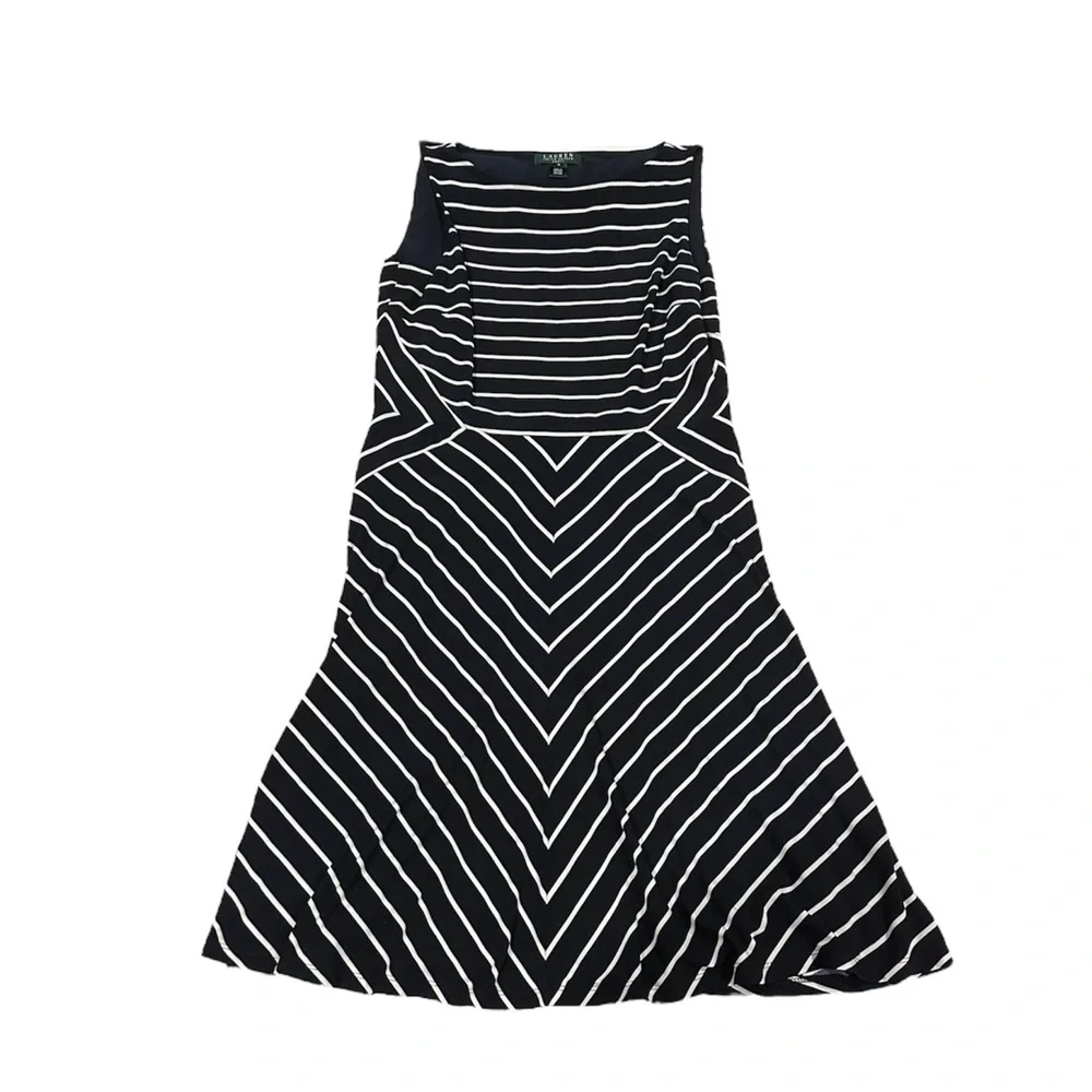 Lauren RalphDress Womens Sz  12 Black Chevron Striped Sleeveless Jewel Neck EUC - Picture 5 of 7